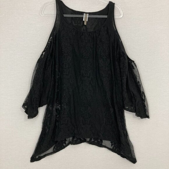 XCVI Black Mesh Lace Cold Shoulder Shark Bite Hem Boho Top Medium Whimsigoth - Picture 1 of 10